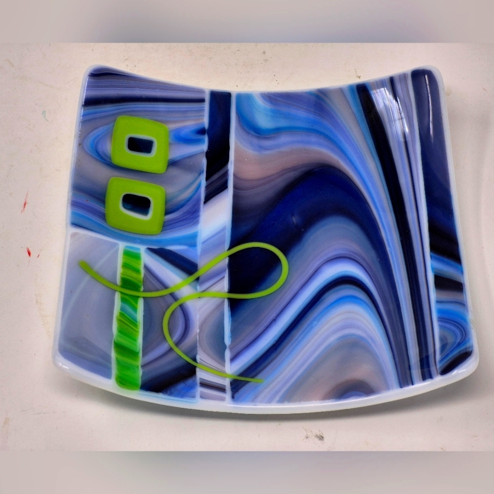 Fused Glass Square Dish Blue Hues With Green Accents